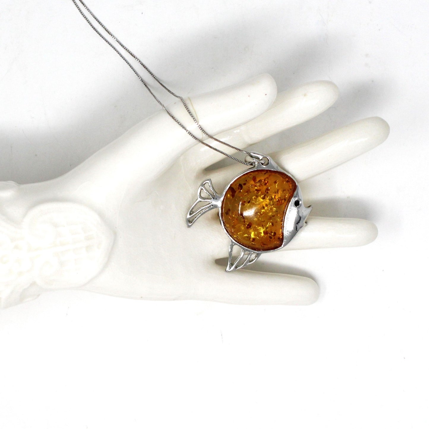 Pendant Necklace, Figural Fish Pendant on Sterling Silver Chain, Amber Stone, Vintage