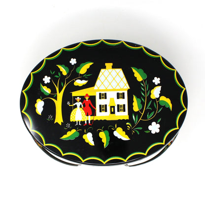 Gift Tin / Cookie Tin, Pennsylvania Dutch Amish, Toleware, Oval Tin with Handles, Vintage, SOLD