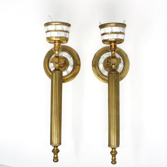 Candle Holders / Sconces, Brass & Mother of Pearl Inlay, Set of 2, Vintage