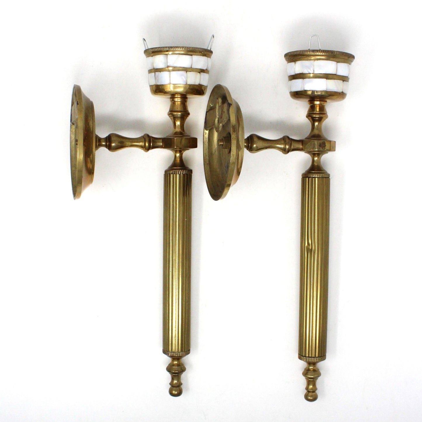 Candle Holders / Sconces, Brass & Mother of Pearl Inlay, Set of 2, Vintage