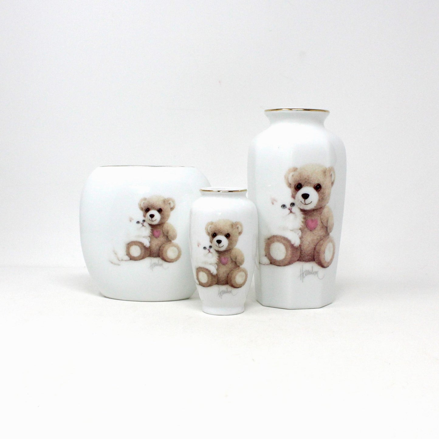 Vases, OMC Otagiri, Bear with Cat, Bob Harrison Designs, Set of 3, Japan, Vintage