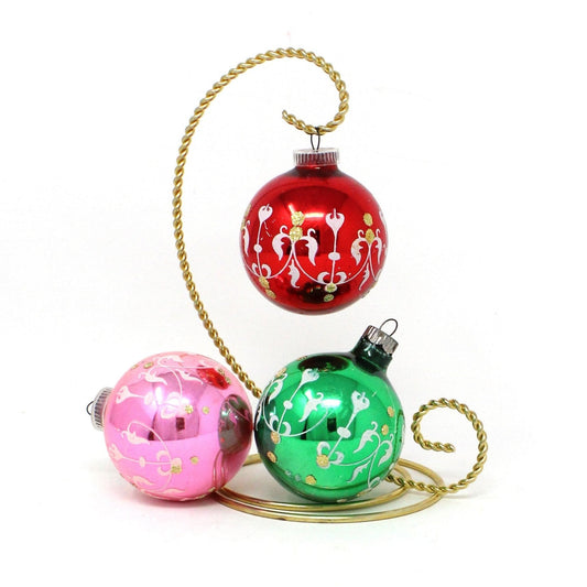 Ornaments, Glass Balls, Set of 3, Red, Green & Pink Stencil Design, Austria, Vintage