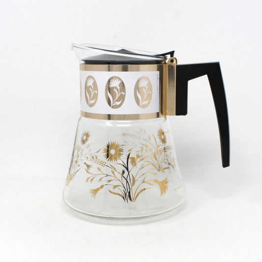 Carafe / Coffee Server, David Douglas, Glass Carafe, Gold Flowers & Wheat, MCM Vintage