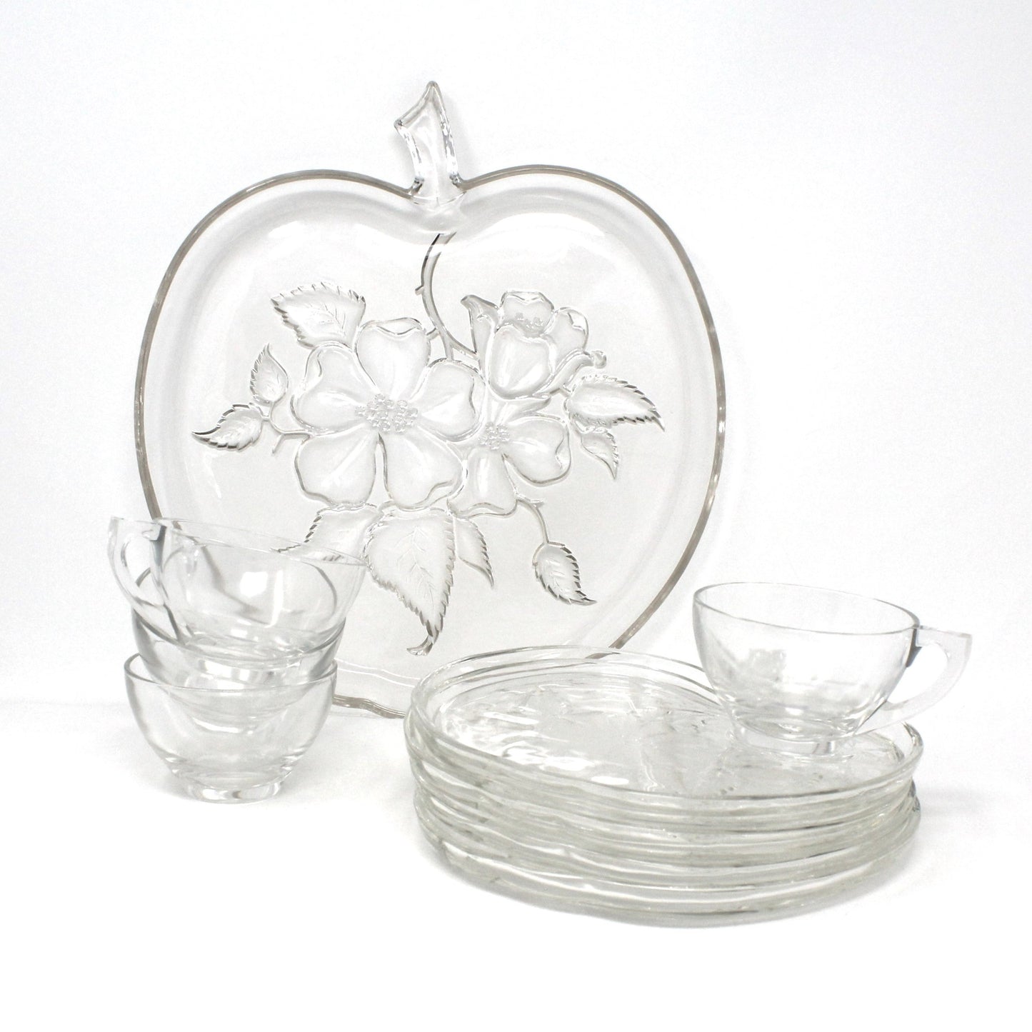 Snack Set, Hazel Atlas, Apple Blossom, Set of 4 Snack Sets plus Serving Tray, Vintage