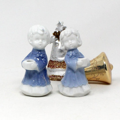 Candle Holders, Berman & Anderson Caroler Figurines, Porcelain, Blue & White, Vintage