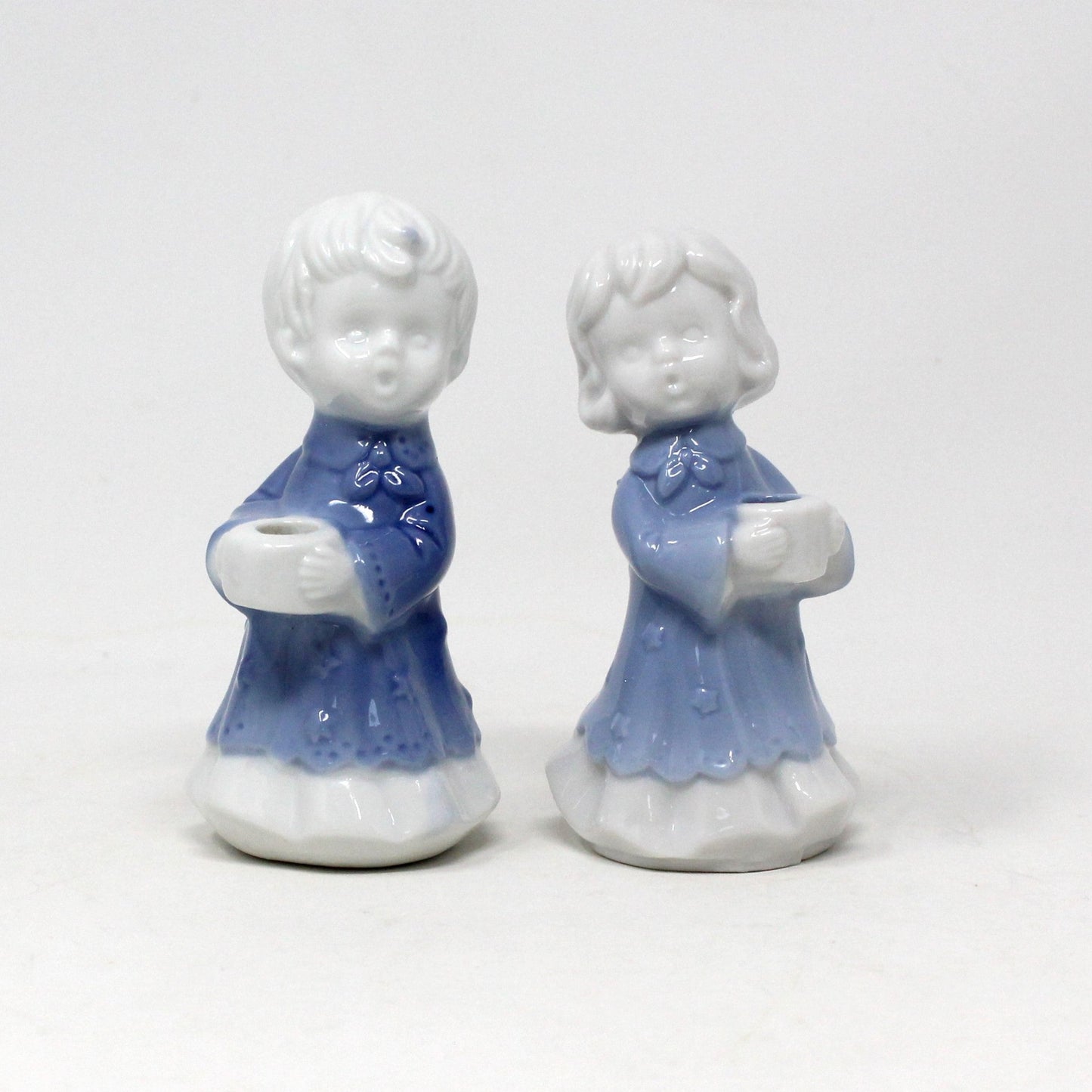 Candle Holders, Berman & Anderson Caroler Figurines, Porcelain, Blue & White, Vintage