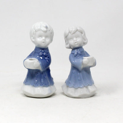 Candle Holders, Berman & Anderson Caroler Figurines, Porcelain, Blue & White, Vintage