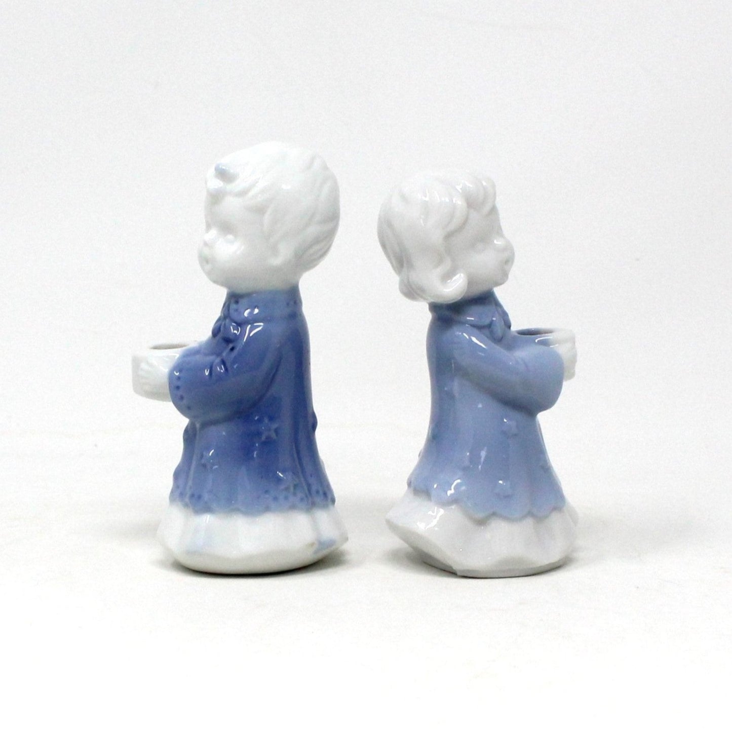 Candle Holders, Berman & Anderson Caroler Figurines, Porcelain, Blue & White, Vintage