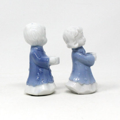 Candle Holders, Berman & Anderson Caroler Figurines, Porcelain, Blue & White, Vintage