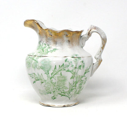 Pitcher, JM&SCo, Antique Pottery, Green Tea Leaf, Thistle Flower & Brushed Gold, Earthenware