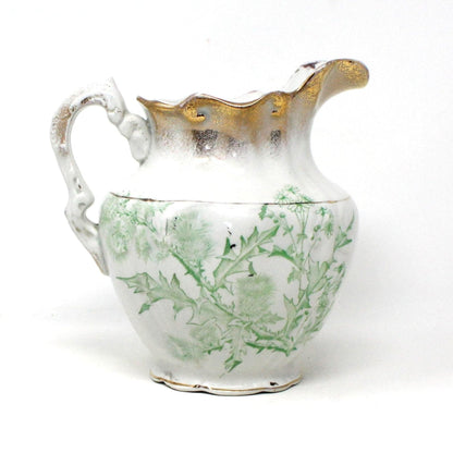 Pitcher, JM&SCo, Antique Pottery, Green Tea Leaf, Thistle Flower & Brushed Gold, Earthenware