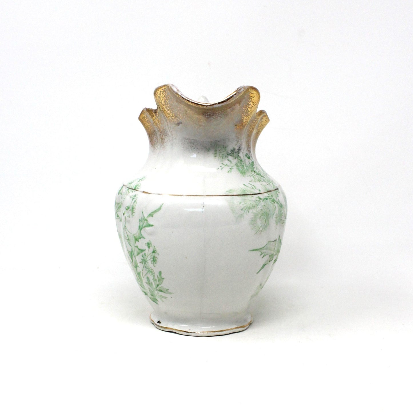 Pitcher, JM&SCo, Antique Pottery, Green Tea Leaf, Thistle Flower & Brushed Gold, Earthenware