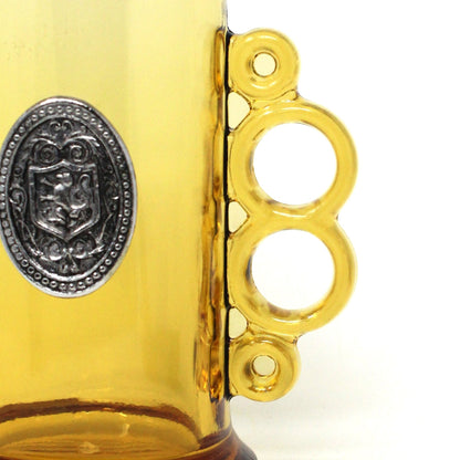 Beer Mug, Two Finger / Knuckle Handle Design, Amber Glass Wolf Shield Crest, Vintage