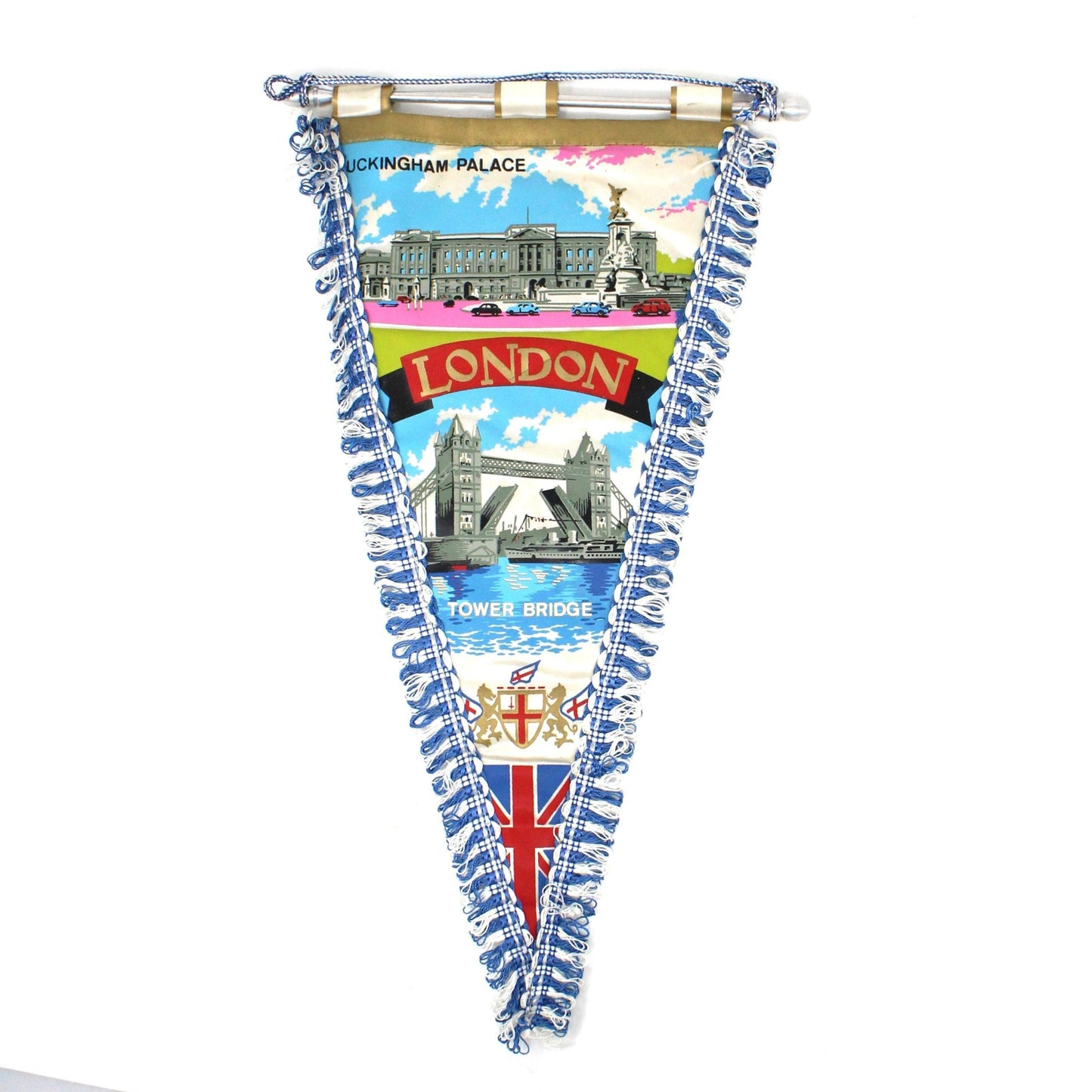 Pennant, London England Souvenir Silk Pennant with Fringe, Margi-Madrid Spain Collectible, Vintage 14"