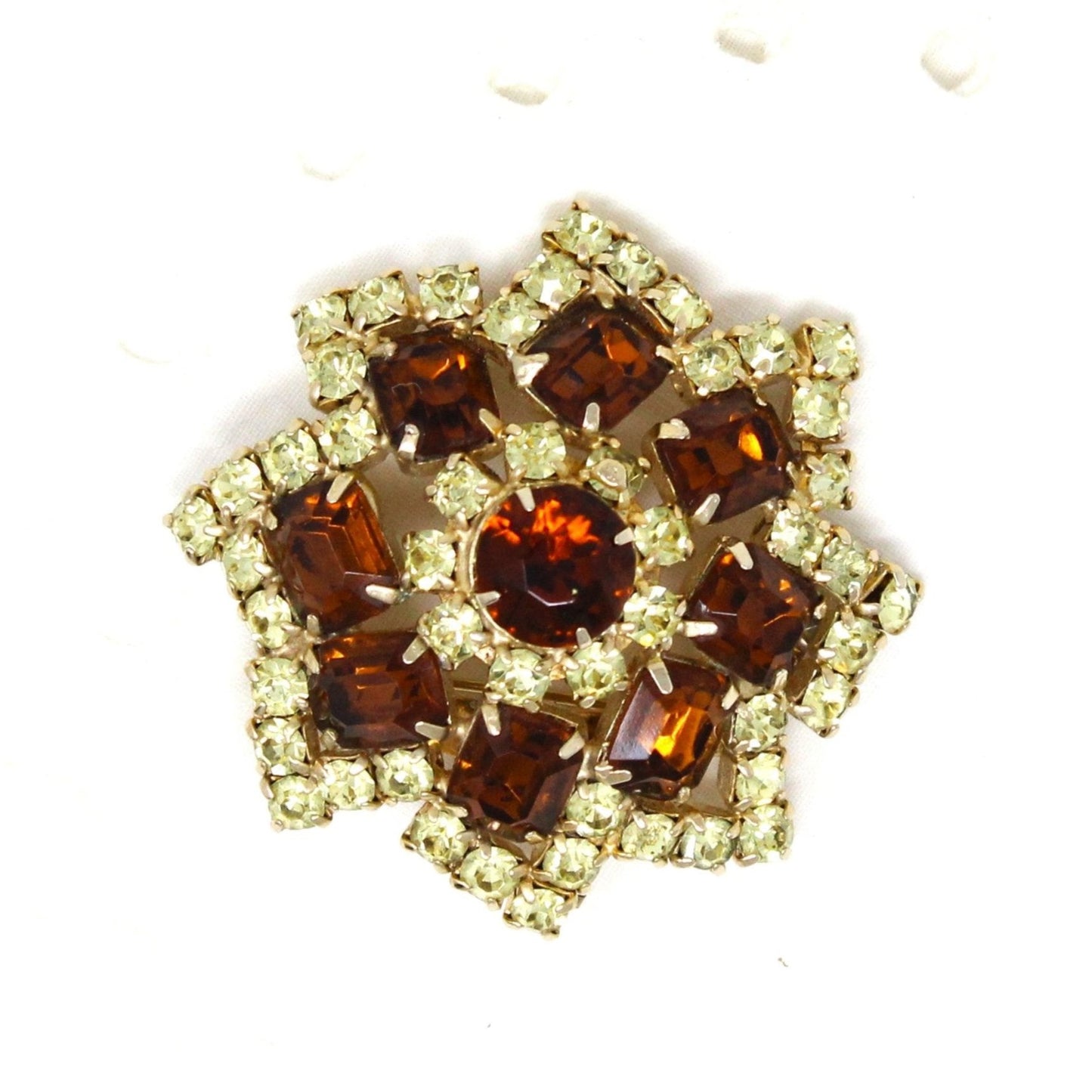 Brooch / Pin, Domed Rosette, Large Amber & Citrine Rhinestones, Prong Set, Gold Tone, Vintage