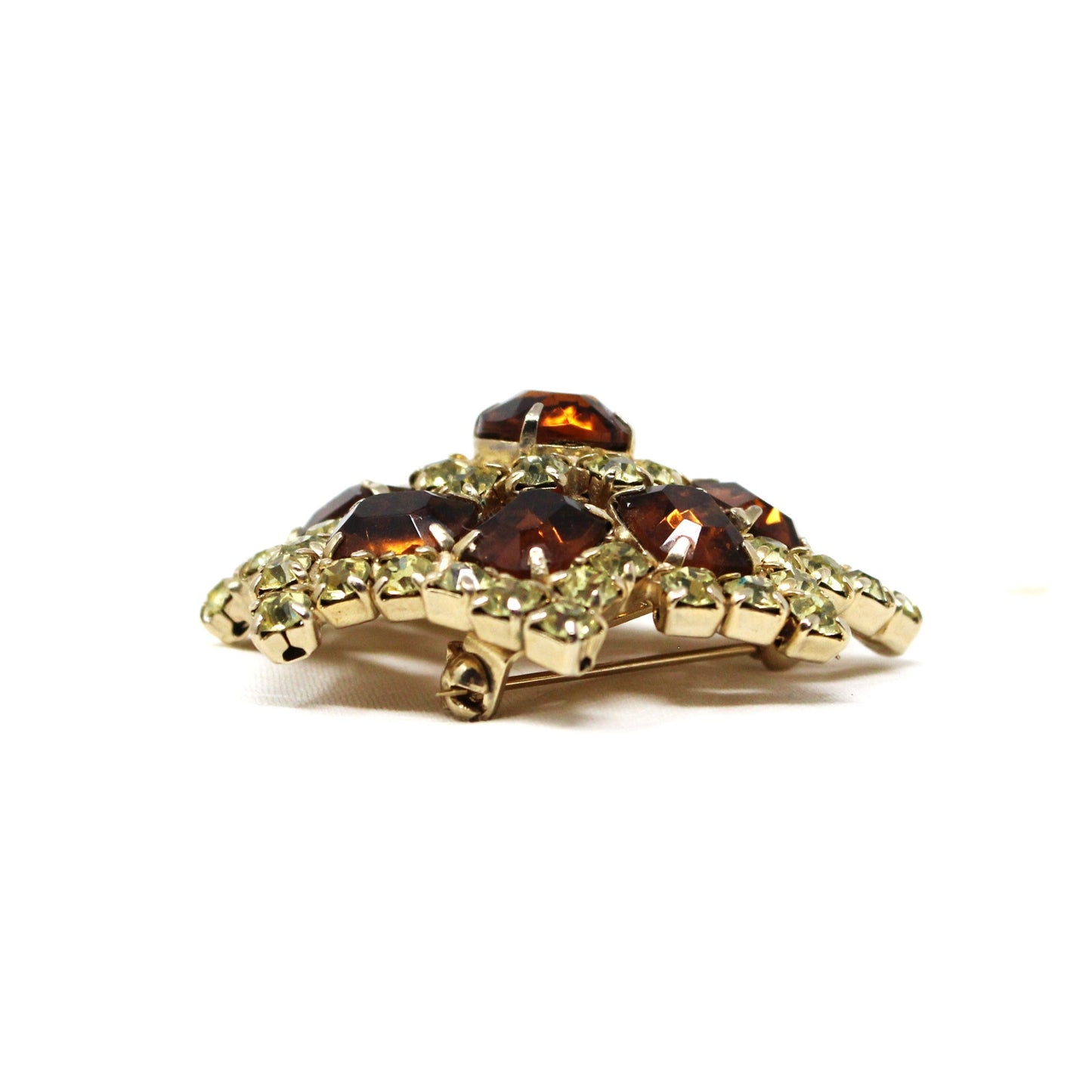 Brooch / Pin, Large Amber & Citrine Rhinestones, Prong Set, Gold Tone, Vintage