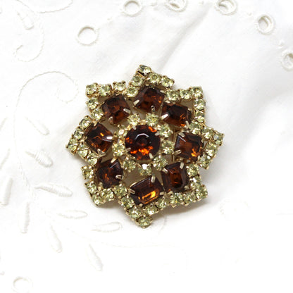 Brooch / Pin, Domed Rosette, Large Amber & Citrine Rhinestones, Prong Set, Gold Tone, Vintage