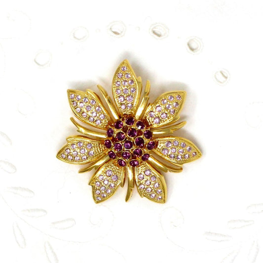 Brooch / Pin, Purple Rhinestones Flower, Large Purple Center & Lilac Petals, Gold-Tone