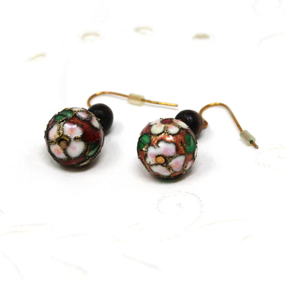 Earrings, Cloisonne Pink Flower Dangle Bead Earrings, French Copper Wire, Pierced, Vintage