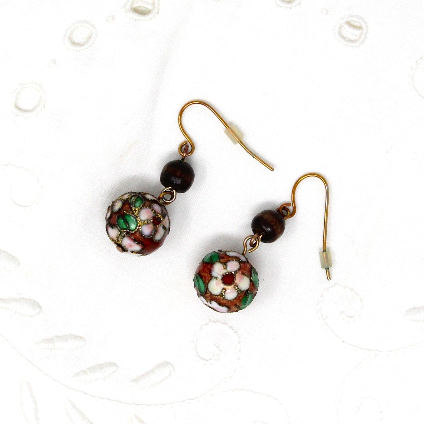 Earrings, Cloisonne Pink Flower Dangle Bead Earrings, French Copper Wire, Pierced, Vintage