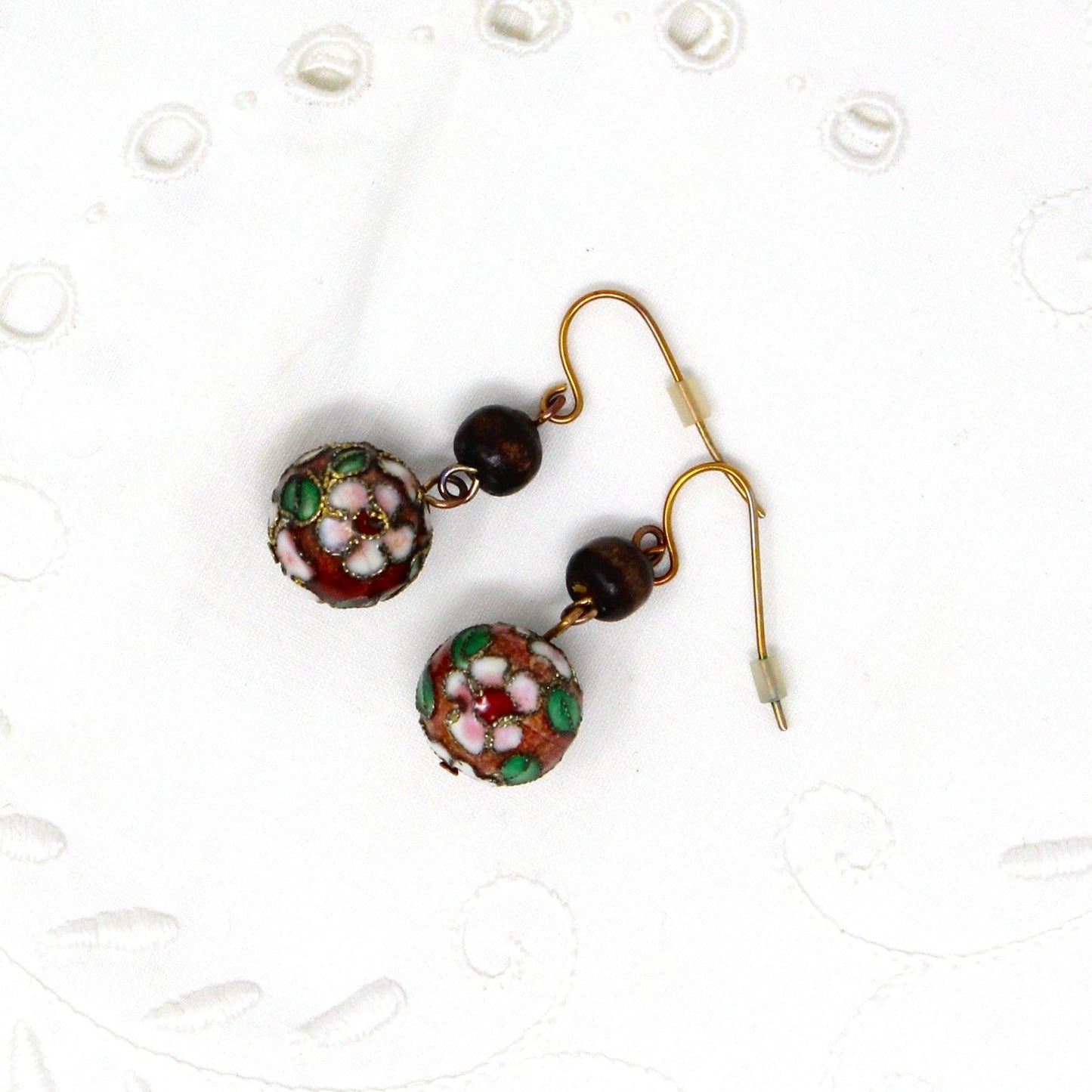 Earrings, Cloisonne Pink Flower Dangle Bead Earrings, French Copper Wire, Pierced, Vintage