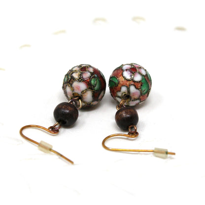 Earrings, Cloisonne Pink Flower Dangle Bead Earrings, French Copper Wire, Pierced, Vintage