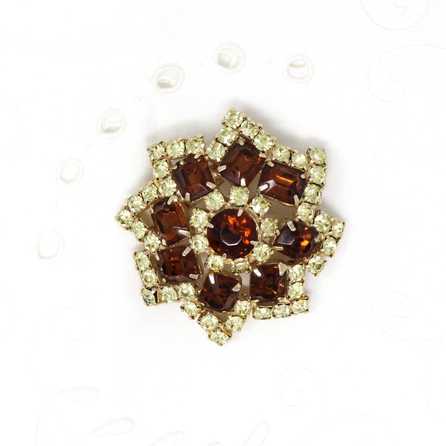 Brooch / Pin, Domed Rosette, Large Amber & Citrine Rhinestones, Prong Set, Gold Tone, Vintage