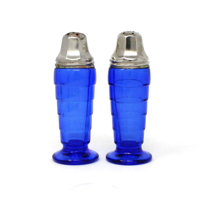 Salt and Pepper Shakers, Hazel Atlas, Cobalt Blue Glass with Metal Lids, Moderntone, Vintage