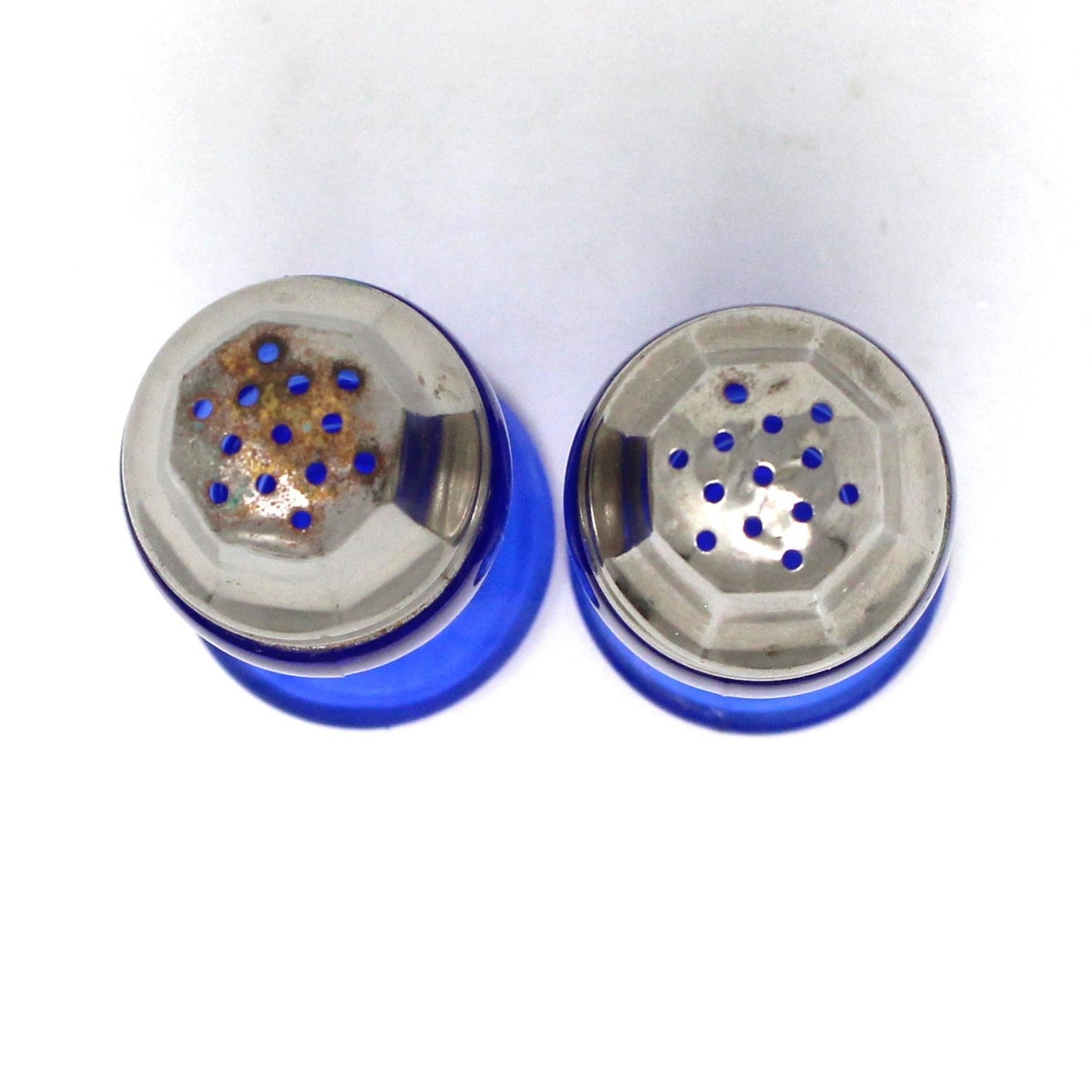 Salt and Pepper Shakers, Hazel Atlas, Cobalt Blue Glass with Metal Lids, Moderntone, Vintage