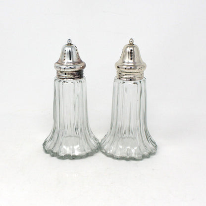 Salt and Pepper Shakers, Ribbed Fluted Glass with Silverplate Tops, Hong Kong, Vintage