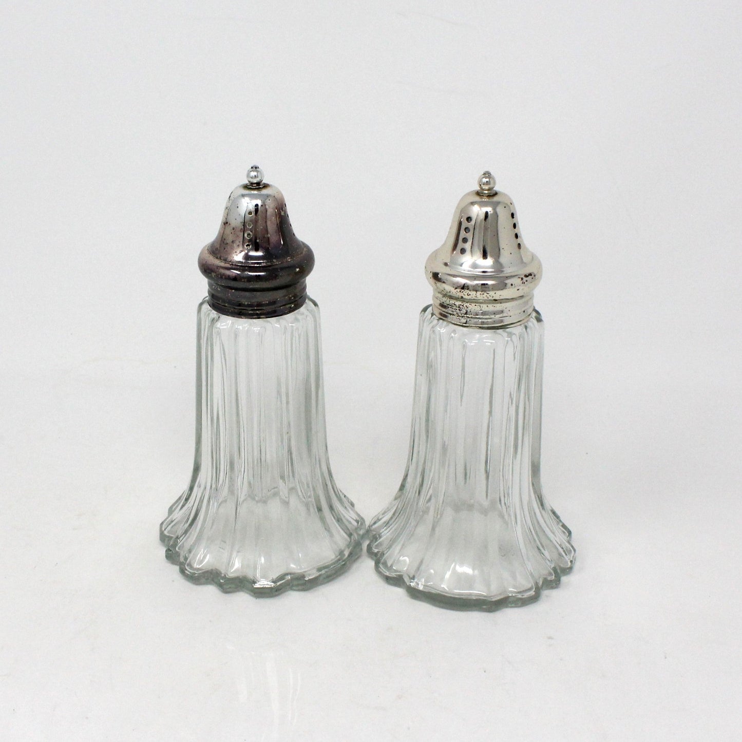 Salt and Pepper Shakers, Ribbed Fluted Glass with Silverplate Tops, Hong Kong, Vintage