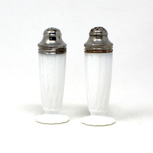 Salt and Pepper Shakers, Hazel Atlas, Newport Platonite White with Metal Lids, Milk Glass, Vintage