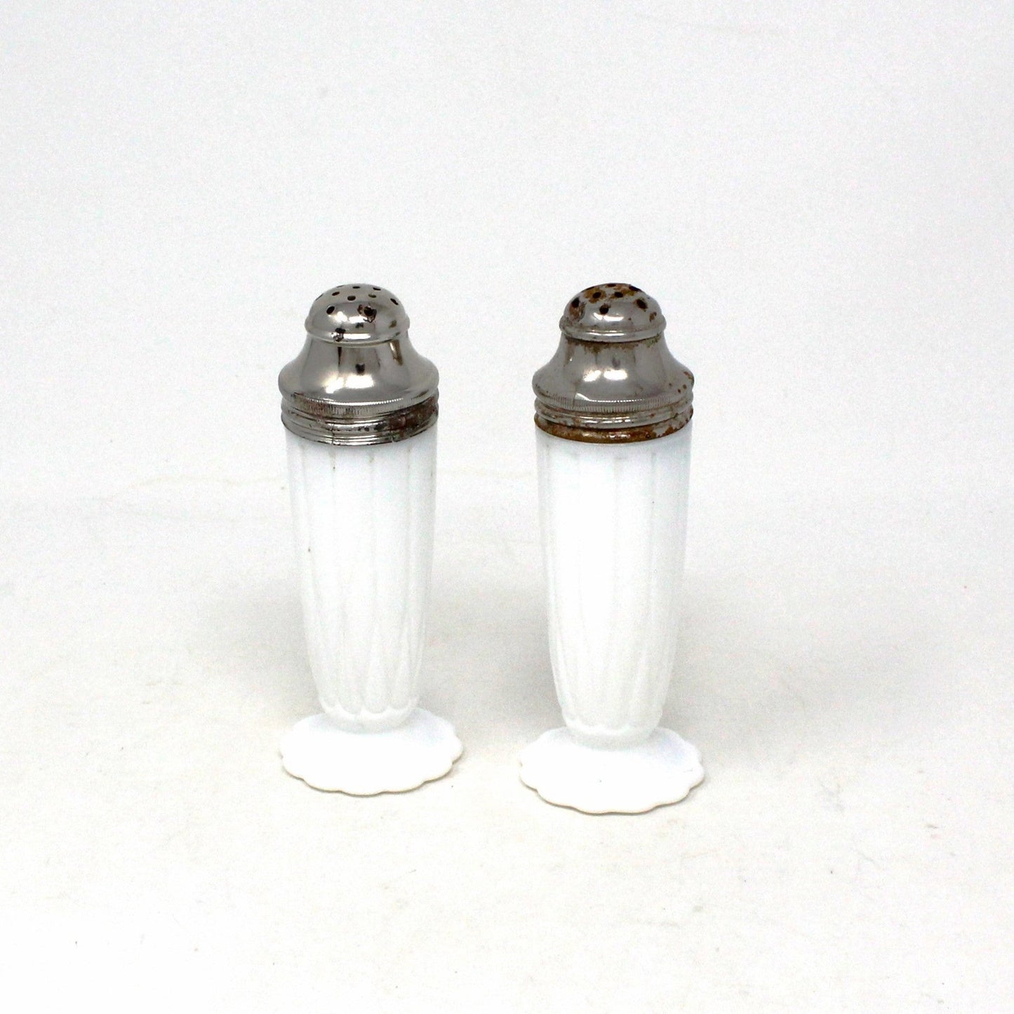 Salt and Pepper Shakers, Hazel Atlas, Newport Platonite White with Metal Lids, Milk Glass, Vintage