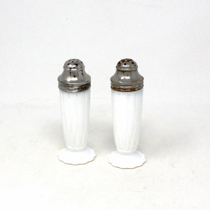 Salt and Pepper Shakers, Hazel Atlas, Newport Platonite White with Metal Lids, Milk Glass, Vintage