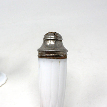 Salt and Pepper Shakers, Hazel Atlas, Newport Platonite White with Metal Lids, Milk Glass, Vintage