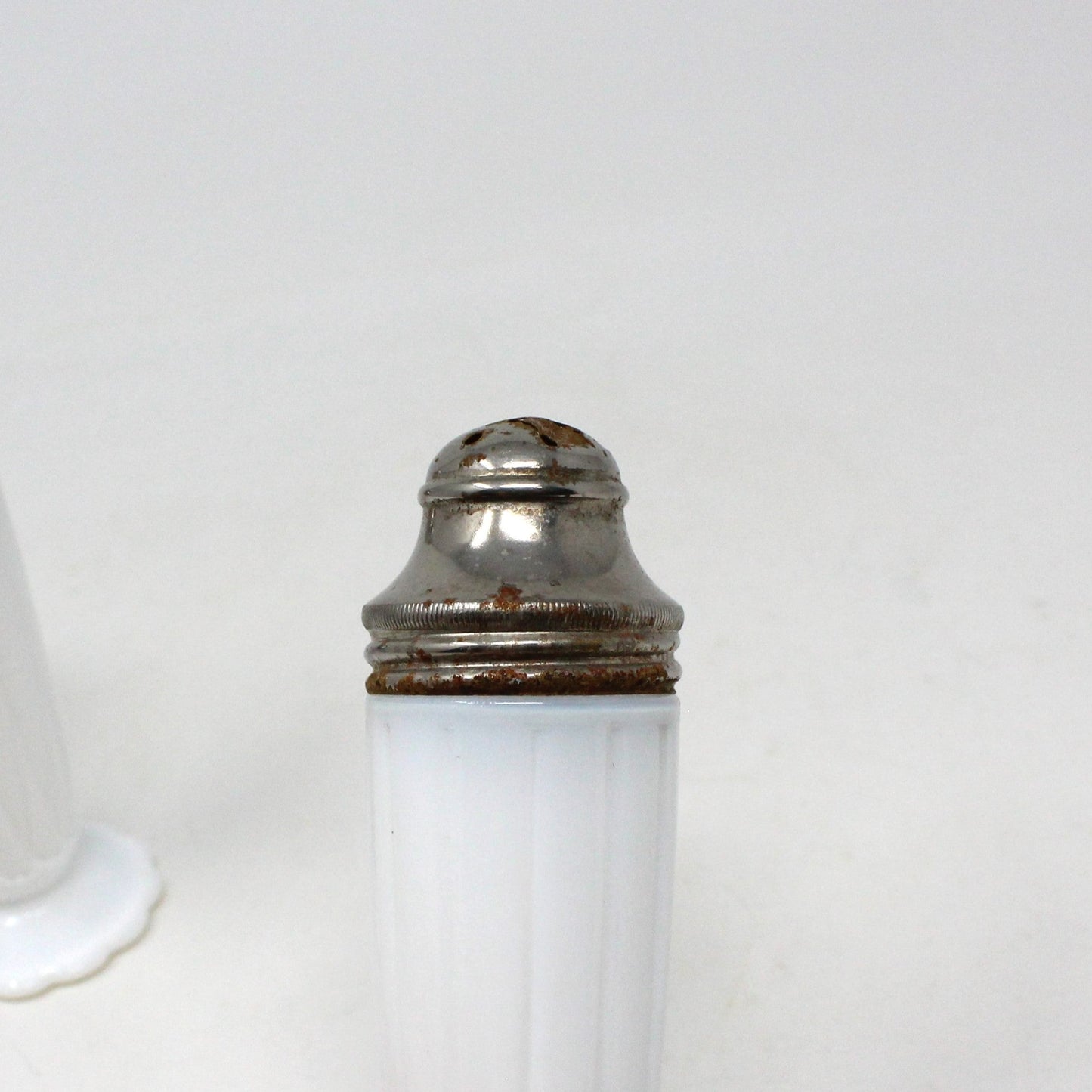 Salt and Pepper Shakers, Hazel Atlas, Newport Platonite White with Metal Lids, Milk Glass, Vintage