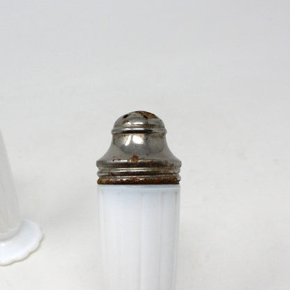 Salt and Pepper Shakers, Hazel Atlas, Newport Platonite White with Metal Lids, Milk Glass, Vintage