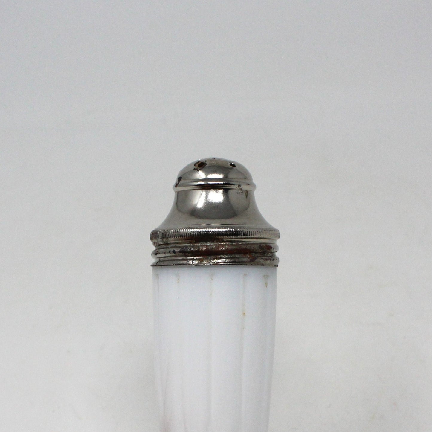 Salt and Pepper Shakers, Hazel Atlas, Newport Platonite White with Metal Lids, Milk Glass, Vintage