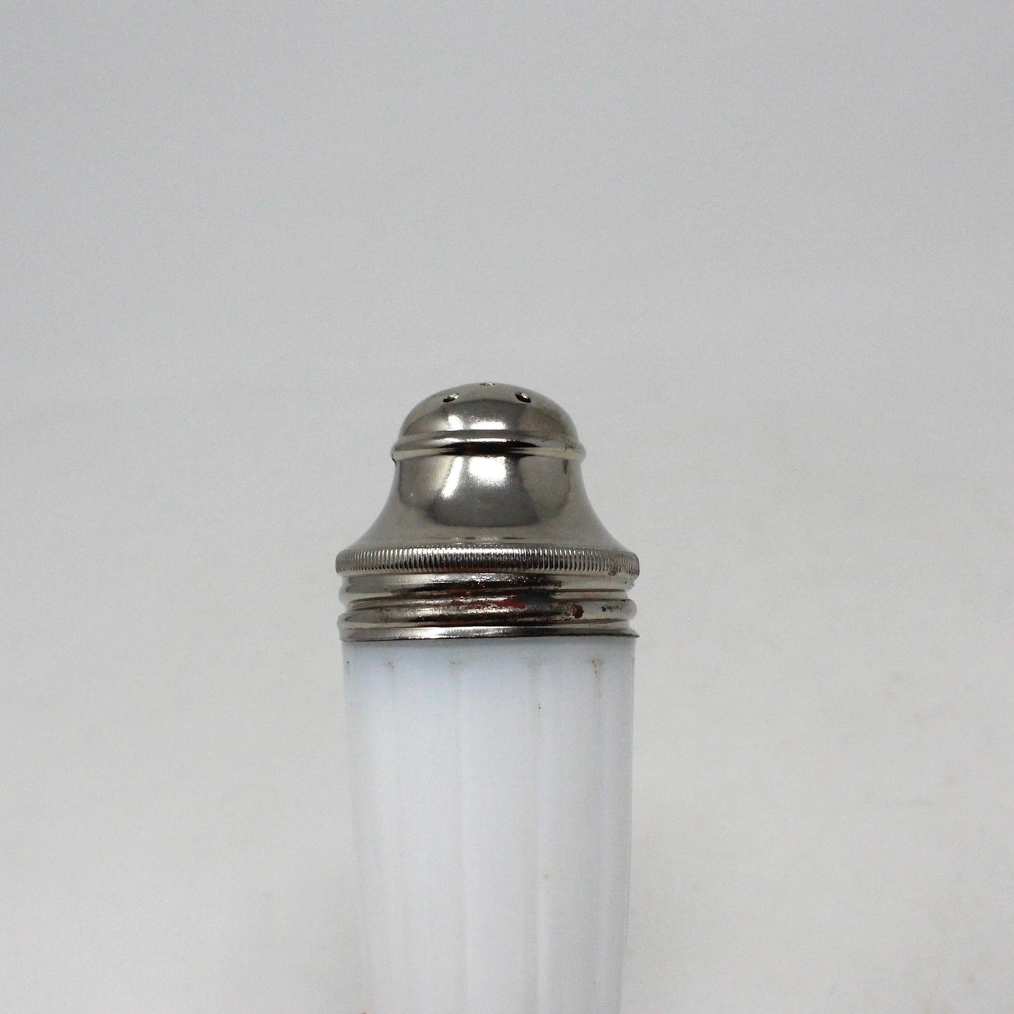 Salt and Pepper Shakers, Hazel Atlas, Newport Platonite White with Metal Lids, Milk Glass, Vintage