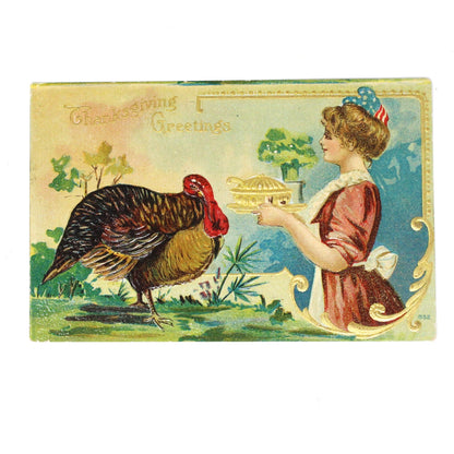 Postcards, Thanksgiving Card, Embossed & Gilded Turkey & Patriotic Woman Serving, Thanksgiving Greetings, Antique