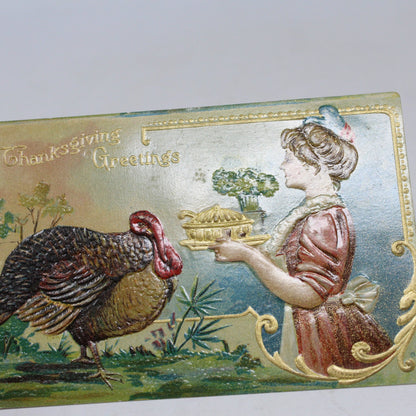 Postcards, Thanksgiving Card, Embossed & Gilded Turkey & Patriotic Woman Serving, Thanksgiving Greetings, Antique