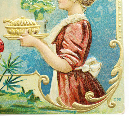 Postcards, Thanksgiving Card, Embossed & Gilded Turkey & Patriotic Woman Serving, Thanksgiving Greetings, Antique