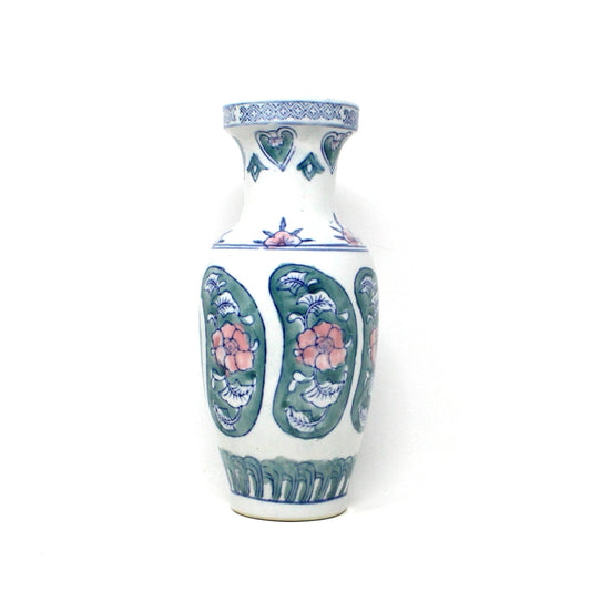 Vase, Famille Rose Fencai Porcelain, Oriental Florals, Pink, Green & Blue Chinoiserie, Vintage