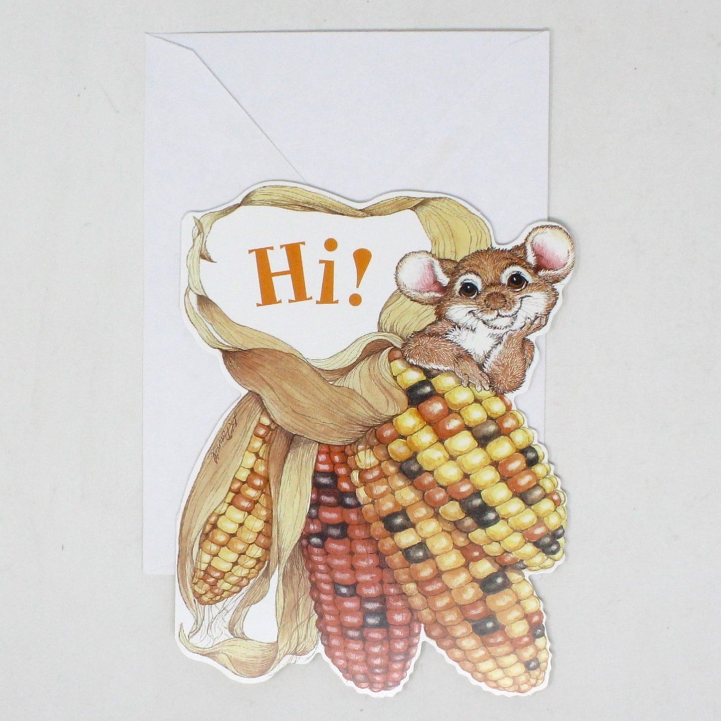 Greeting Card / Thanksgiving Card, Mouse with Indian Corn, Hi! Happy Thanksgiving, Carlton Cards