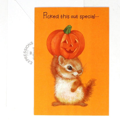 Greeting Card / Halloween Card, Squirrel with Jack-O-Lantern Pumpkin, Picked This Out Special, Hallmark Expressions