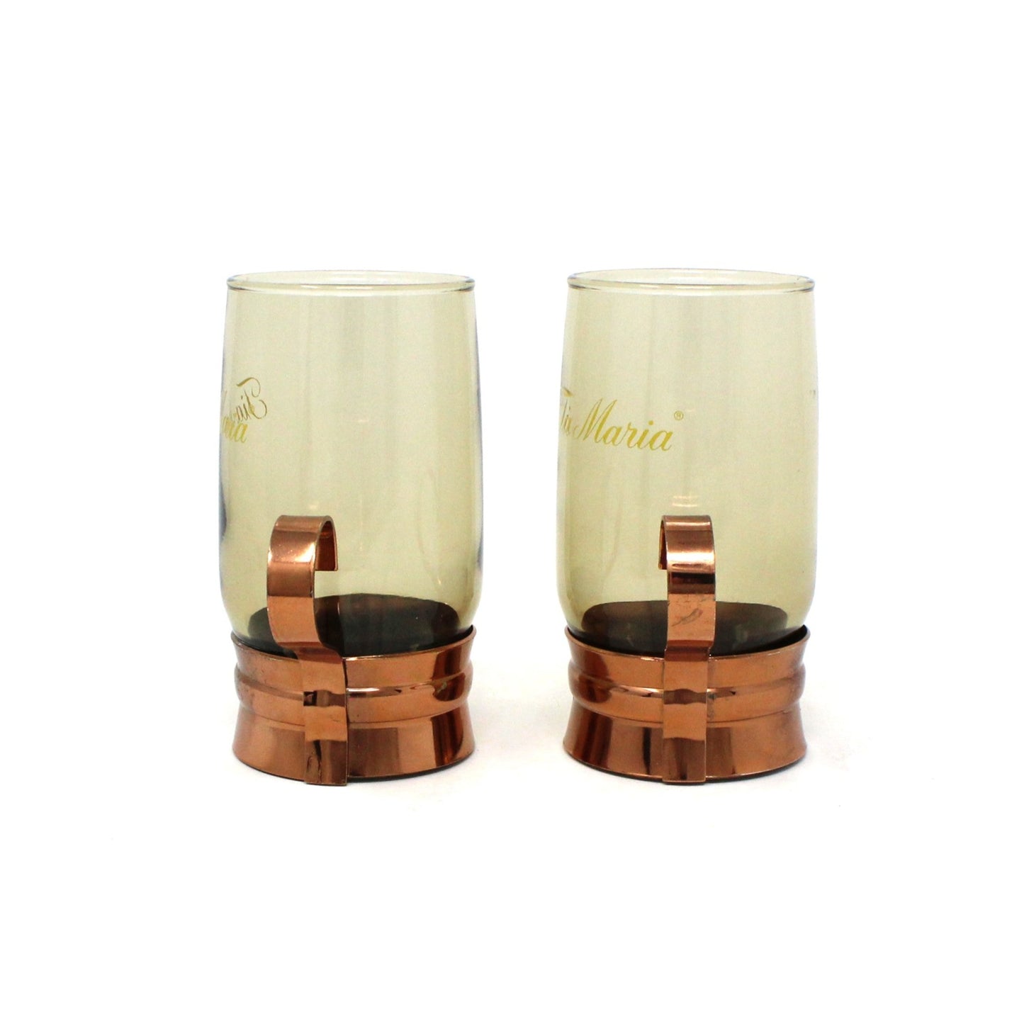 Glasses, Tia Maria Mugs, Smoked Glass & Copper Holder, Set of 2, Vintage Barware