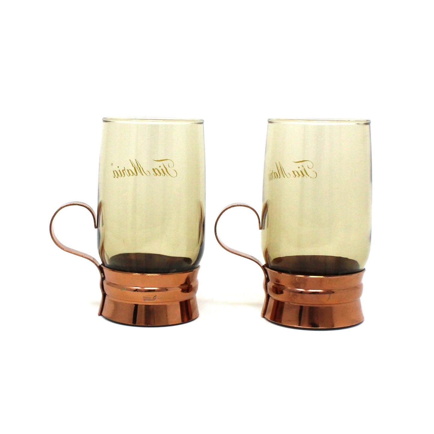 Glasses, Tia Maria Mugs, Smoked Glass & Copper Holder, Set of 2, Vintage Barware