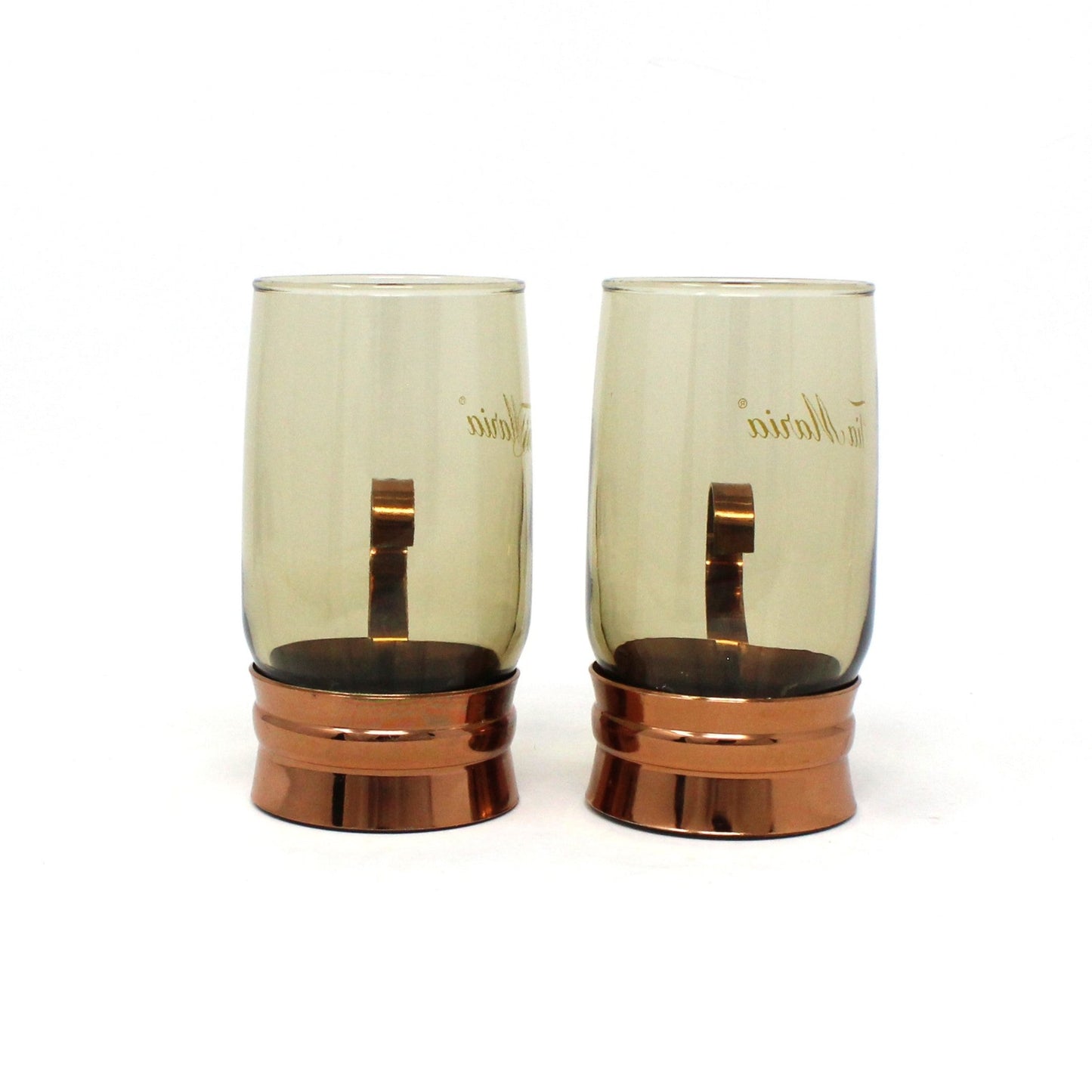 Glasses, Tia Maria Mugs, Smoked Glass & Copper Holder, Set of 2, Vintage Barware