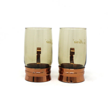 Glasses, Tia Maria Mugs, Smoked Glass & Copper Holder, Set of 2, Vintage Barware