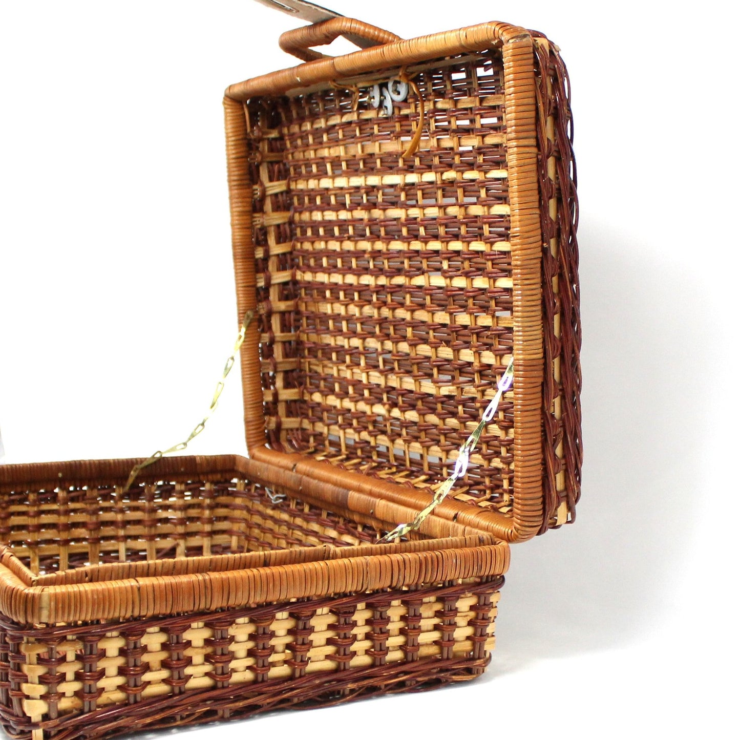 Basket, Picnic Basket, Woven Wicker with Leather Strap, Two-Tone Wicker, Vintage, SOLD